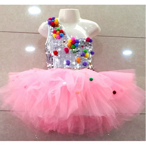 White pink children's dance stage costume for girls modern dance kids jazz dance costumes sequin clothes for singers contemporary dance costumes